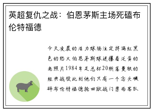 英超复仇之战：伯恩茅斯主场死磕布伦特福德