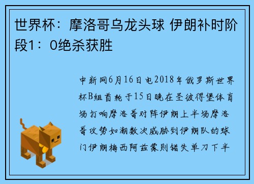 世界杯：摩洛哥乌龙头球 伊朗补时阶段1：0绝杀获胜