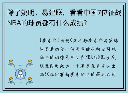 除了姚明、易建联,看看中国7位征战NBA的球员都有什么成绩?